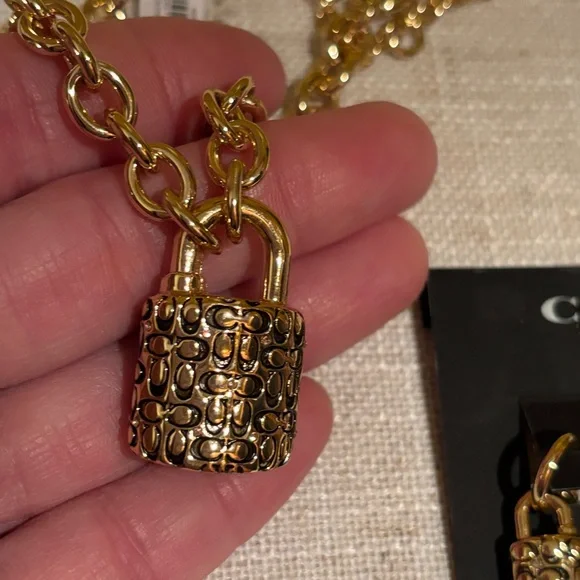Coach Gold tone Chain Necklace with Padlock Pendant , Coach gold tone earrings. - Picture 1 of 12